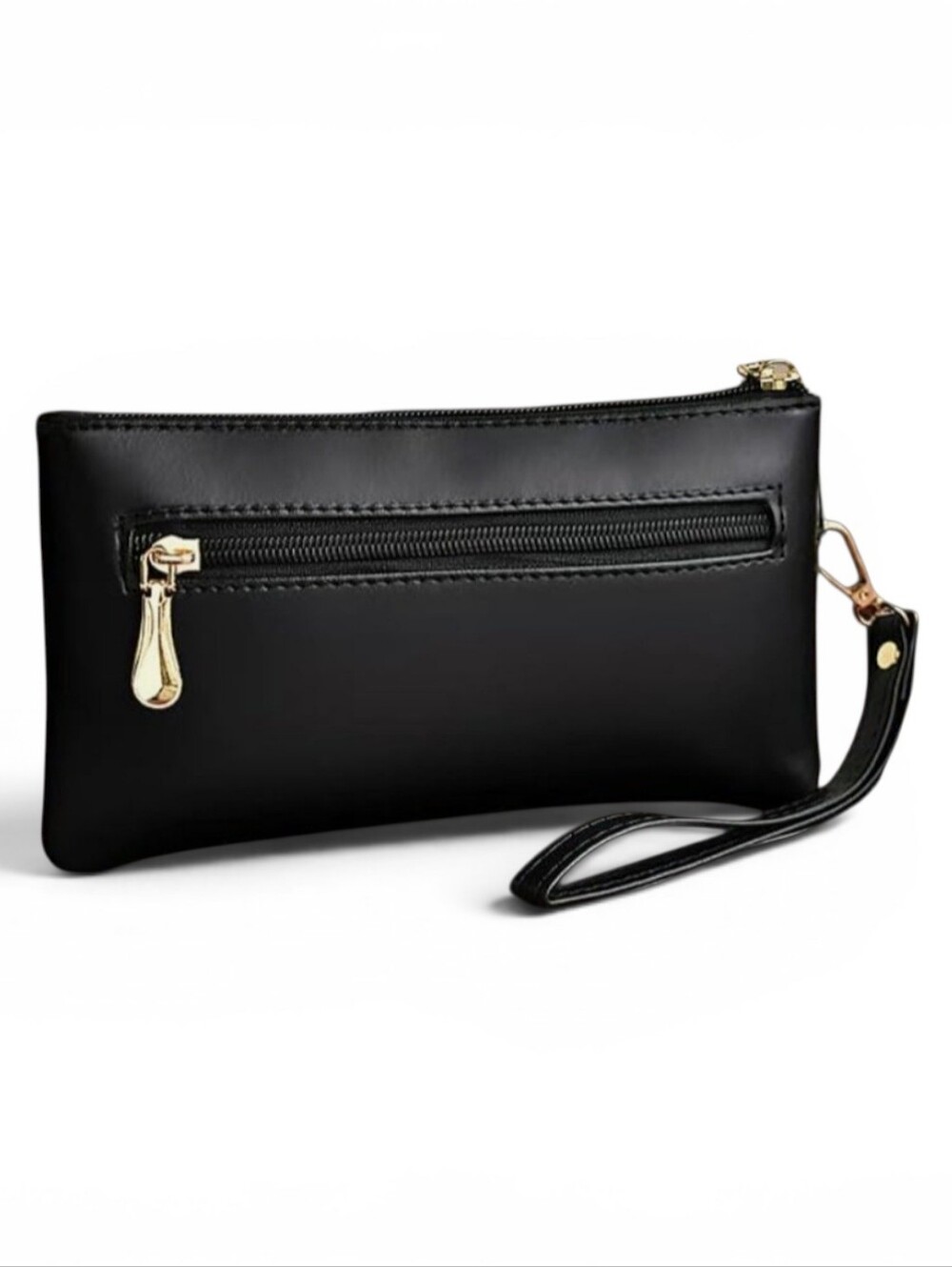 Sleek Black PU Leather Zip Clutch - Women's Wristlet